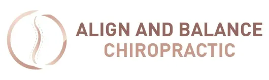 Logo for Align and Balance Chiropractic featuring a spine icon in a circle and the business name in rose gold.
