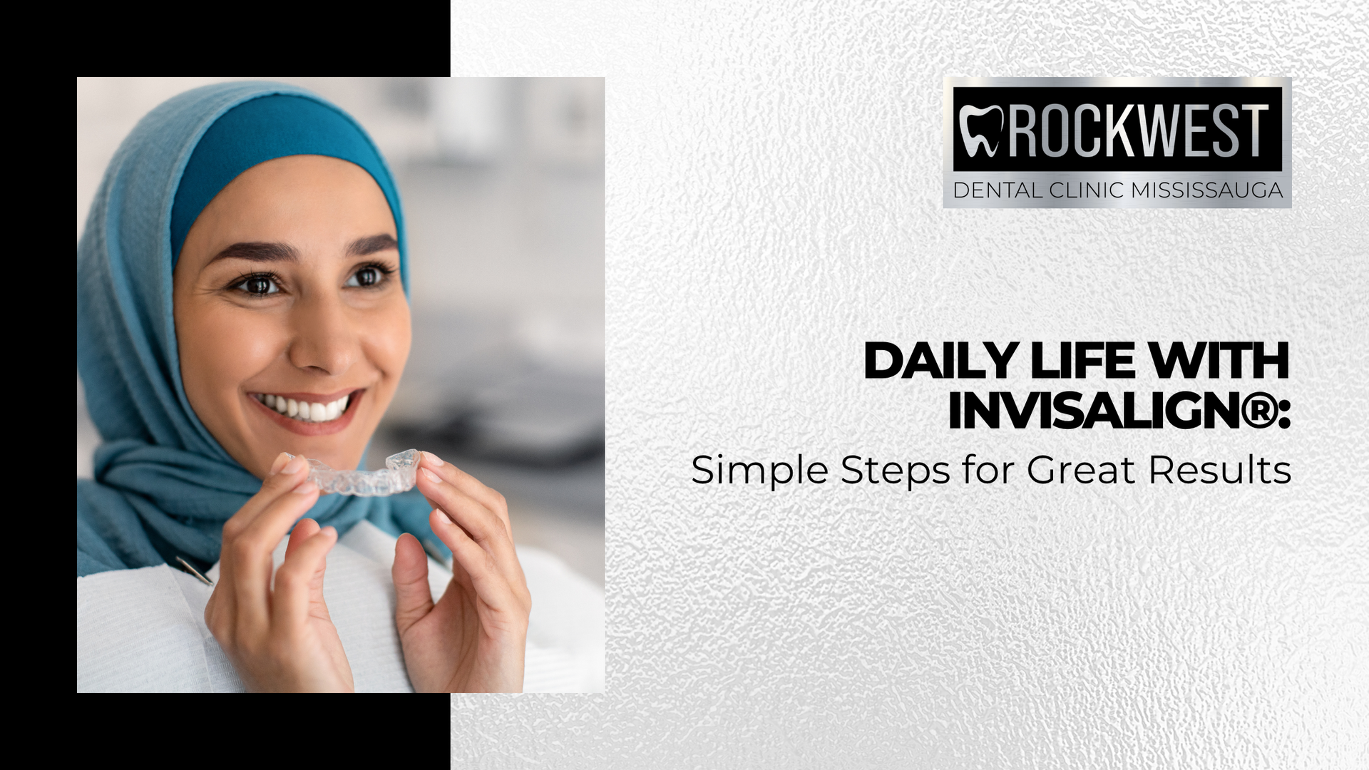 Woman with Invisalign smiling, holding aligners; Rockwest Dental ad, text: 