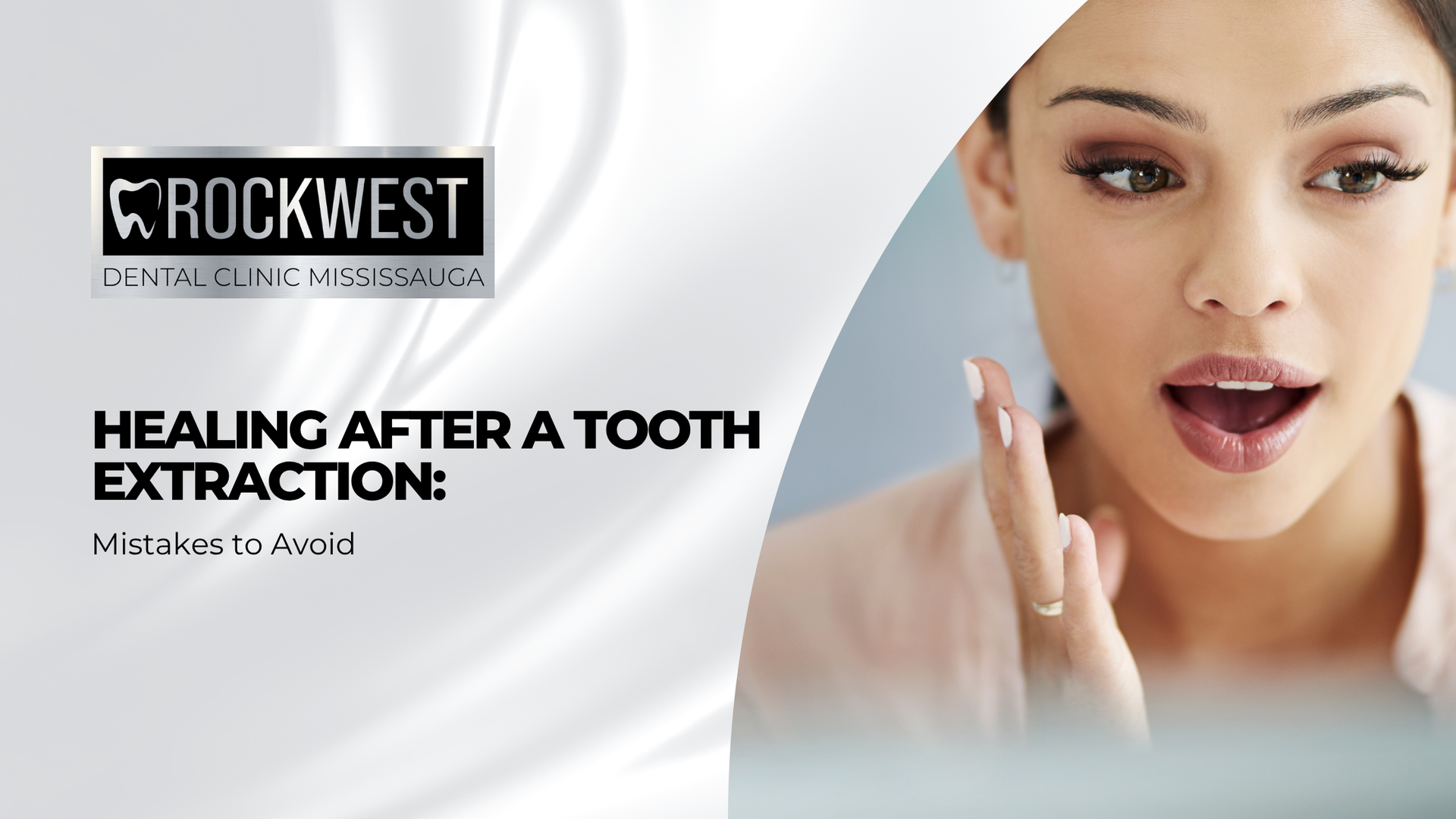 A woman with a surprised look on her face is talking about healing after a tooth extraction.