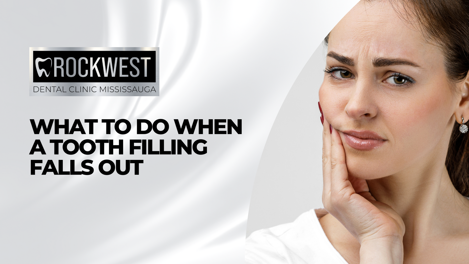 A woman is holding her face in pain while a tooth filling falls out.