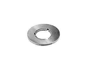 A stainless steel washer with a hole in the middle on a white background.