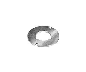 A stainless steel washer with a hole in the middle on a white background.
