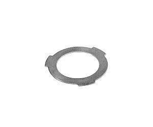 A metal washer with a hole in the middle on a white background.