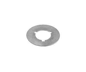 A stainless steel washer with a hole in the middle on a white background.