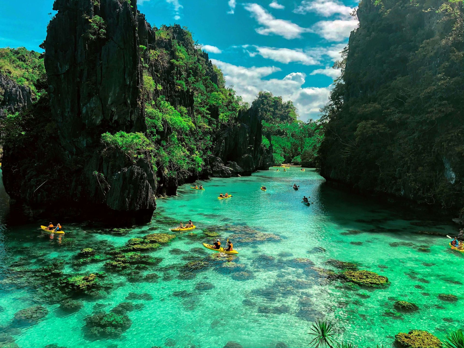 Lagon émeraude cerné de falaises verdoyantes. Kayakistes sur une eau turquoise limpide.