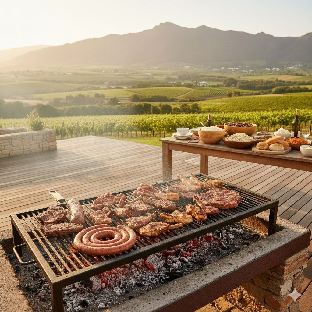 Barbecue avec différentes viandes, installé en extérieur avec une vue imprenable sur les vignobles et les montagnes.