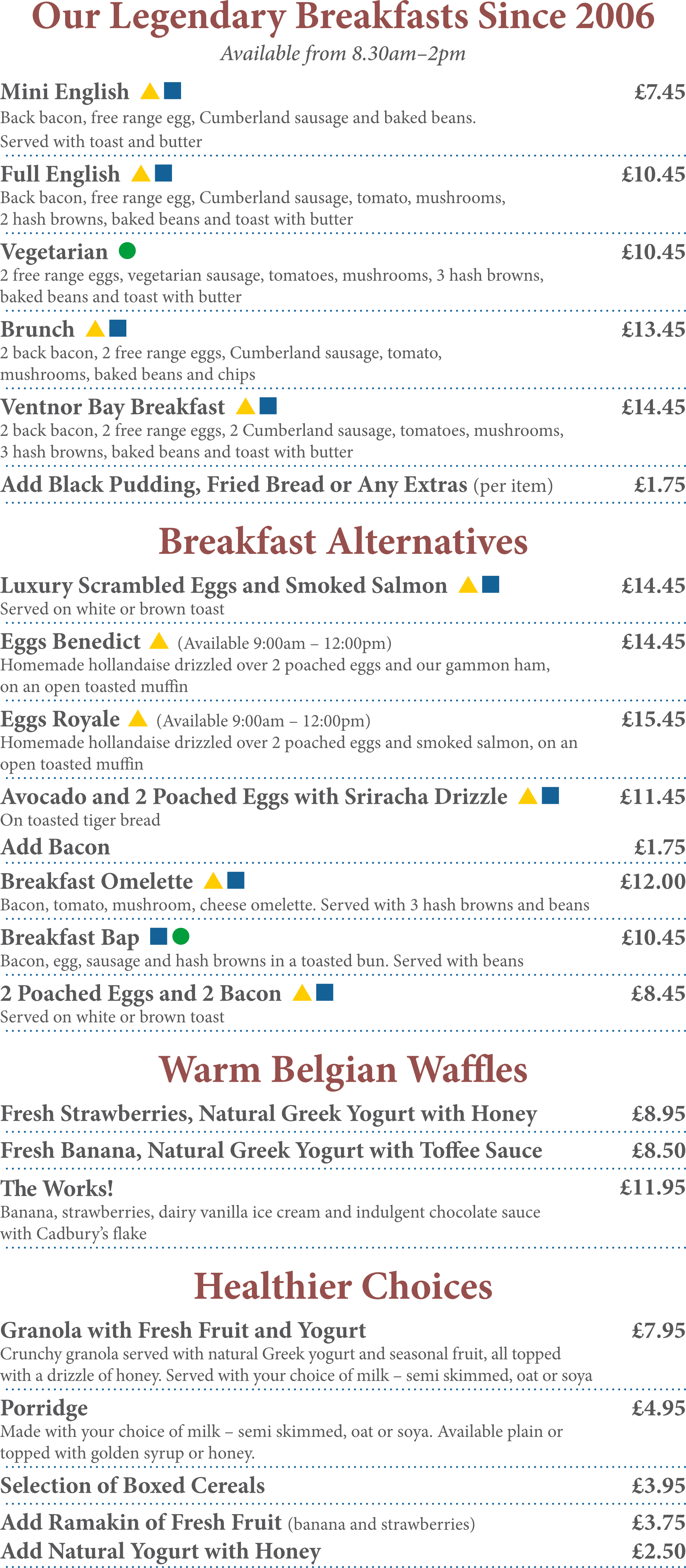 A menu for a restaurant shows a variety of breakfast options