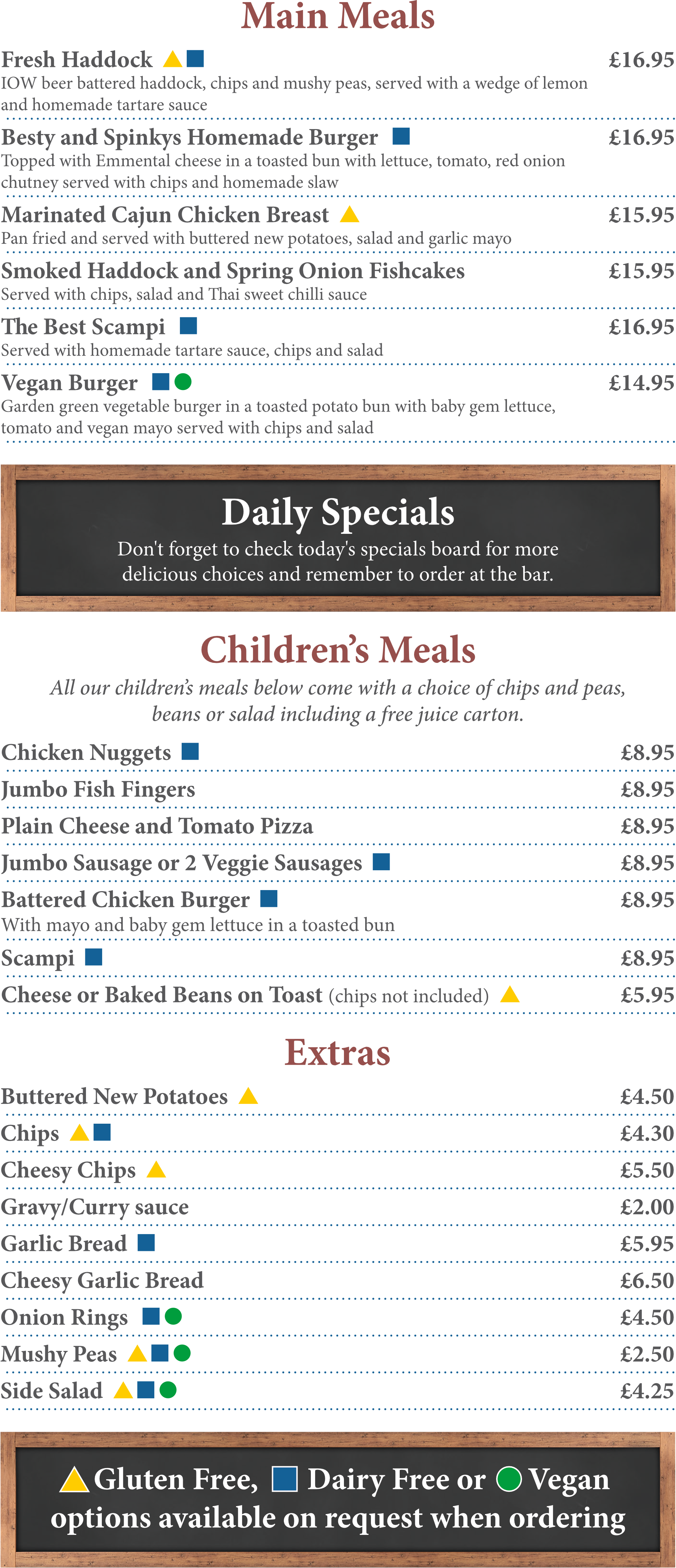 A menu for a restaurant shows the daily specials and children's meals.