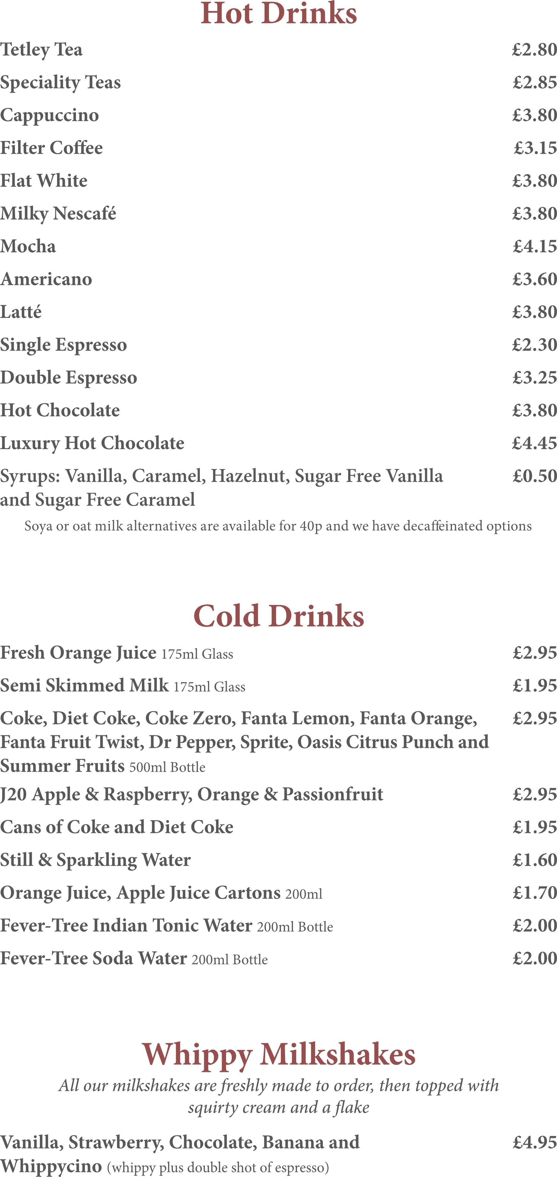A menu for a restaurant shows a variety of hot and cold drinks.