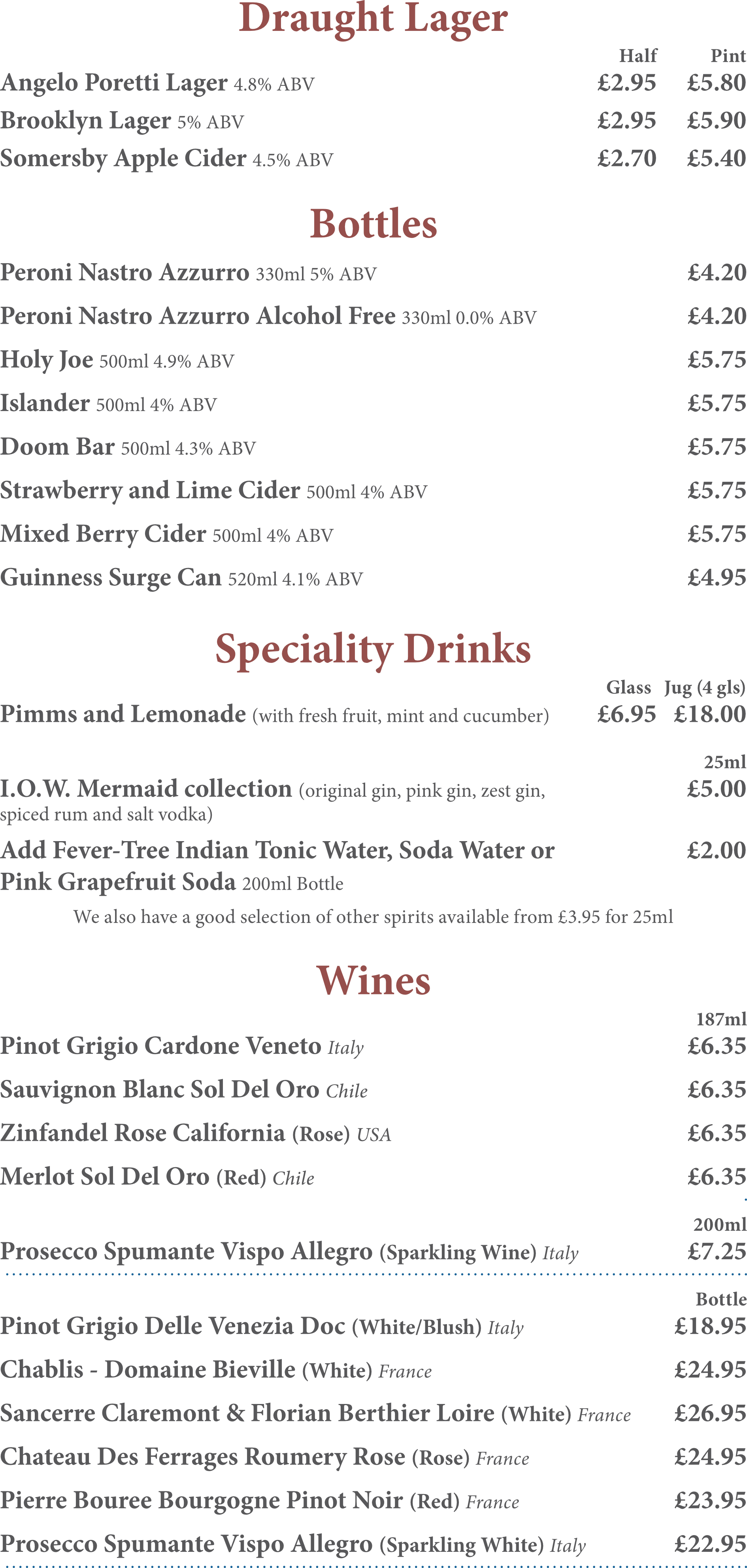 A menu for a restaurant shows bottles and specialty drinks.