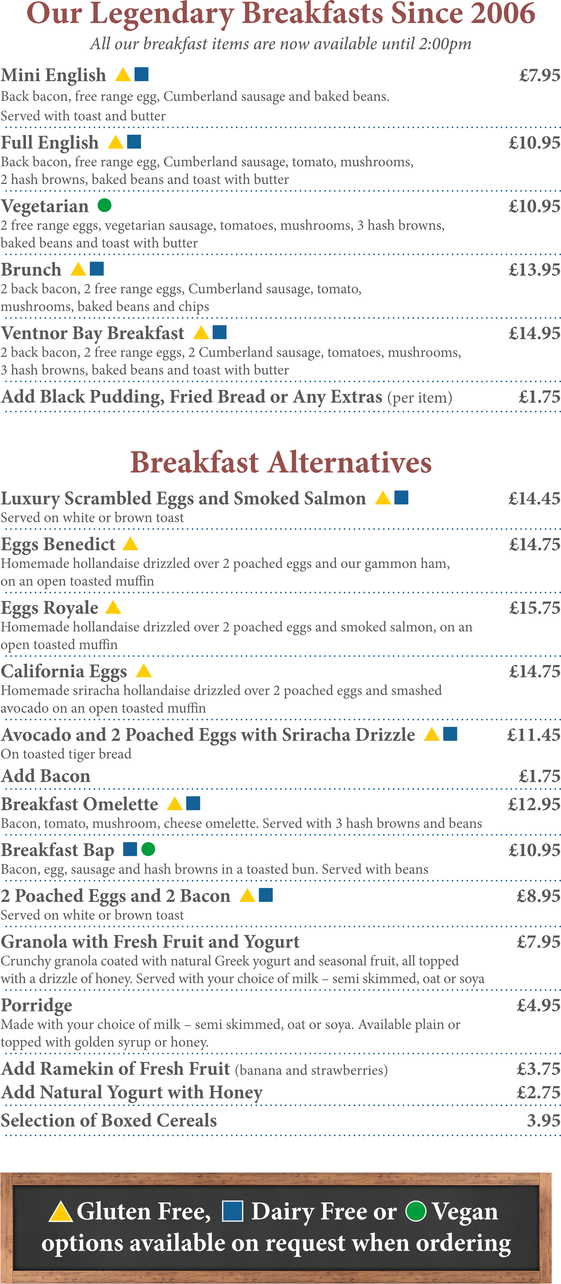 A menu for a restaurant shows a variety of breakfast options