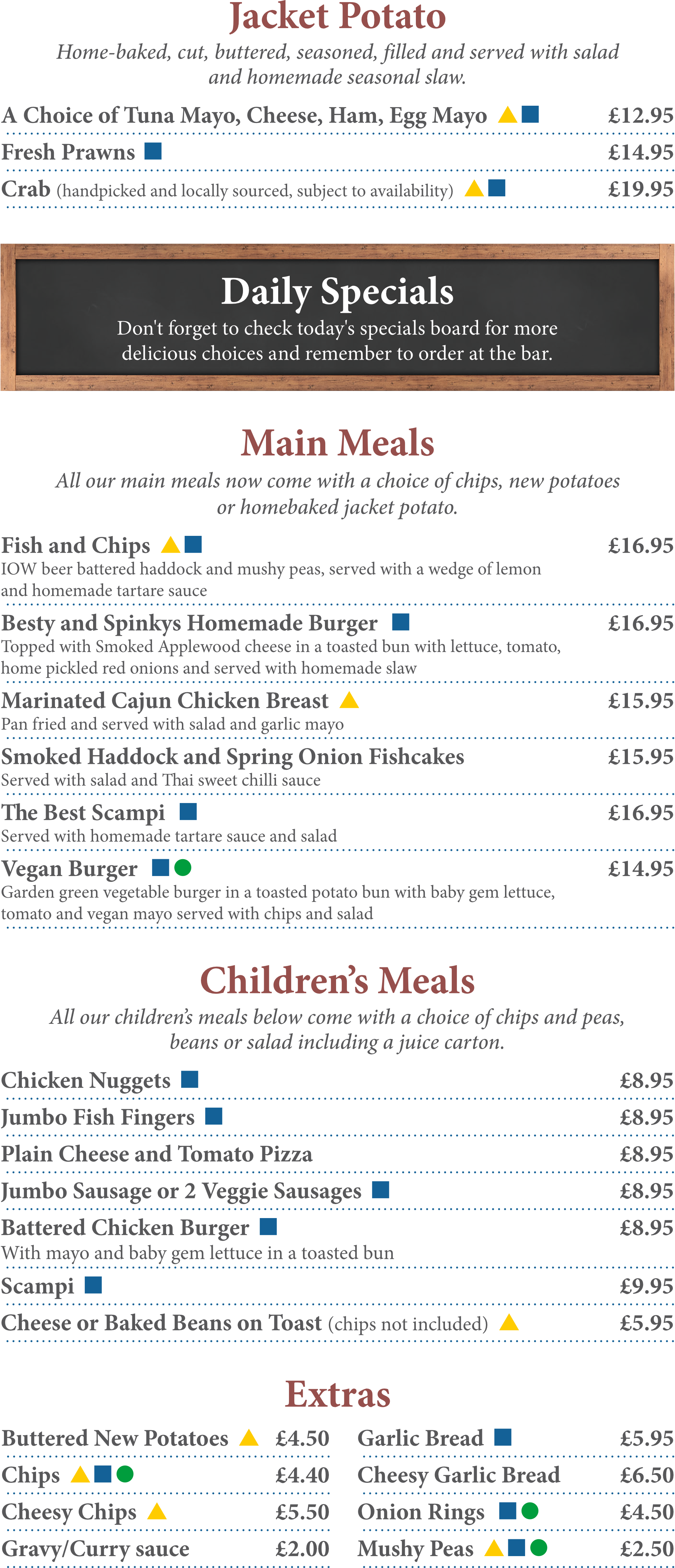 A menu for a restaurant shows the daily specials and children's meals.