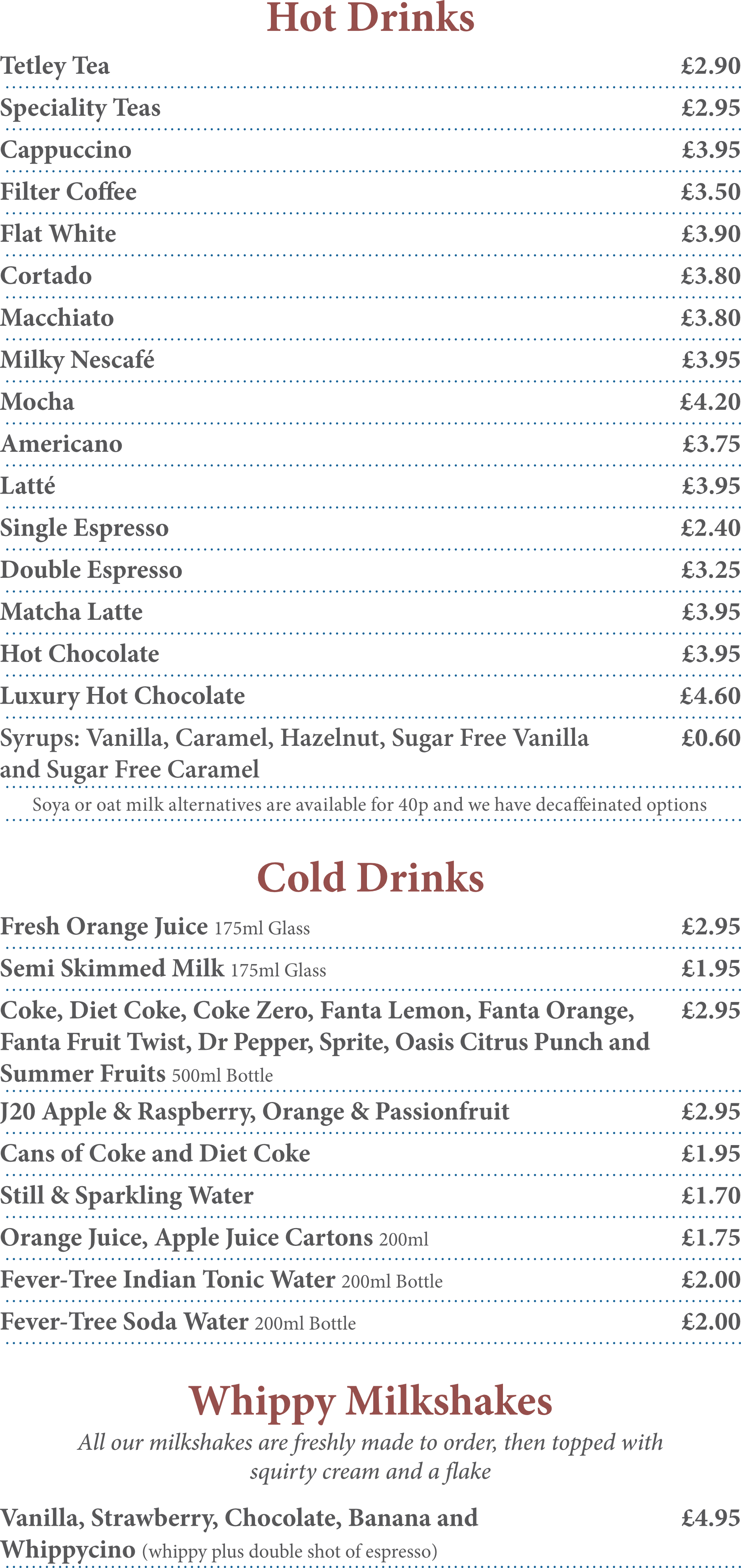 A menu for a restaurant shows a variety of hot and cold drinks.