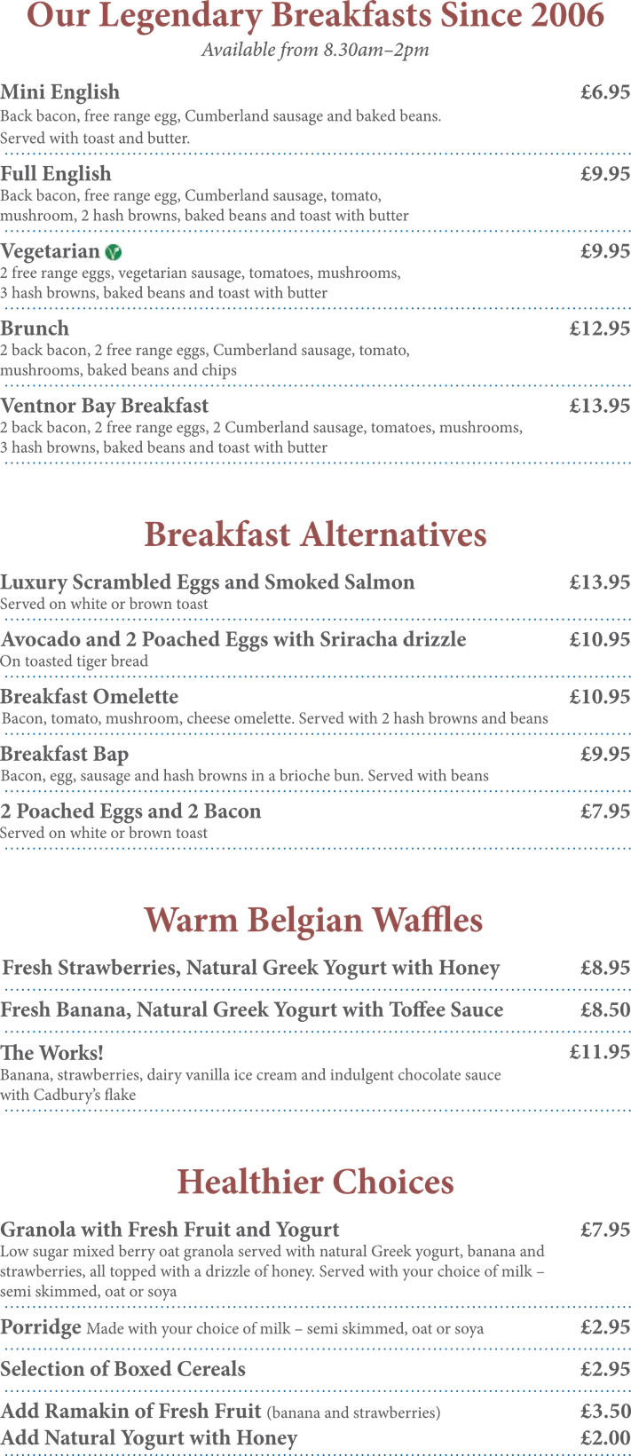 A menu for a restaurant shows a variety of breakfast options