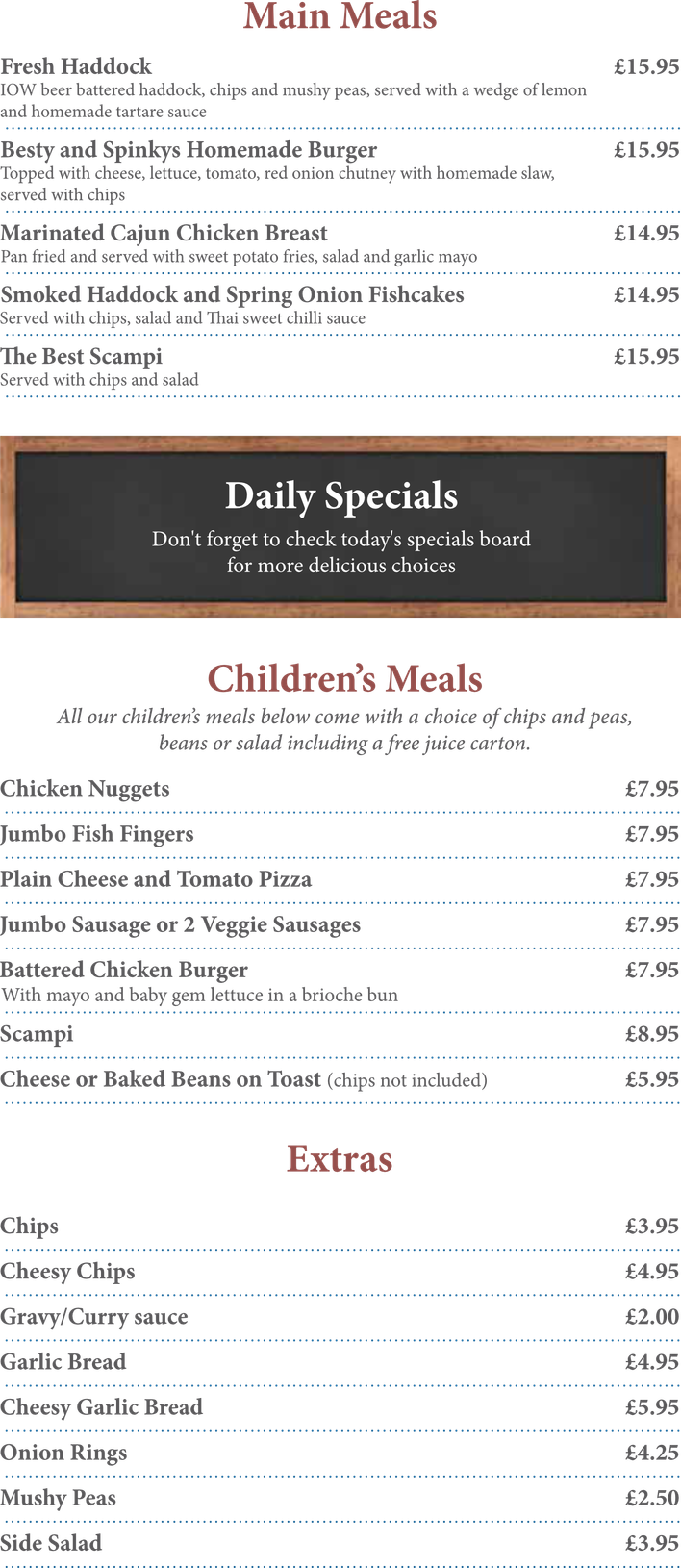 A menu for a restaurant shows the daily specials and children's meals.