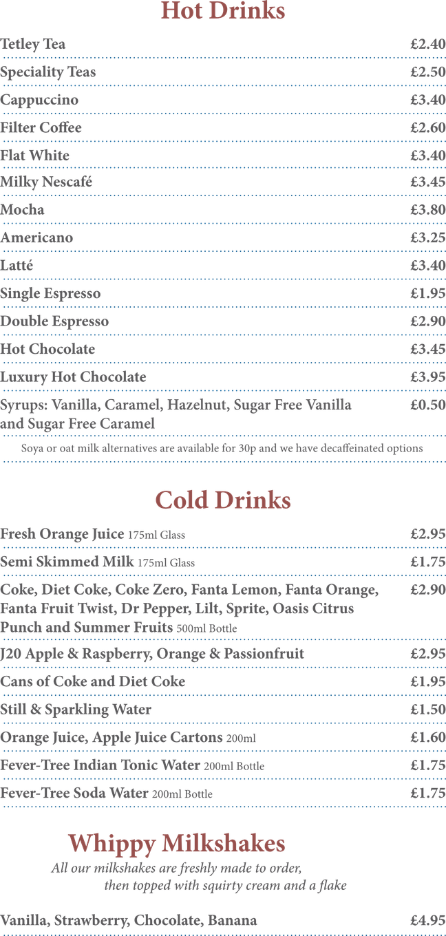 A menu for a restaurant shows a variety of hot and cold drinks.