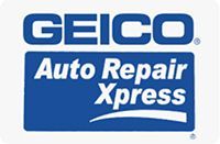 A geico auto repair xpress logo on a white background.