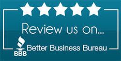 a blue sign that says `` review us on ... better business bureau ''