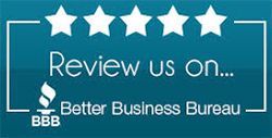 A blue sign that says `` review us on ... better business bureau ''