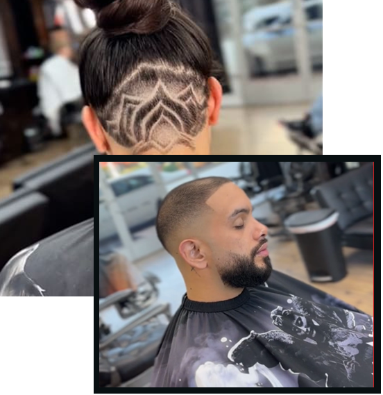 A man with a beard is getting his hair cut at a barber shop.