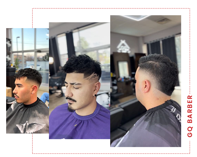 Three men with various haircuts at a barber shop. They're wearing capes, with varying skin tones.