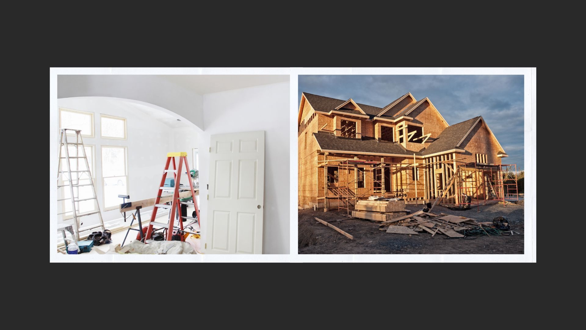 A picture of a house being built and a picture of a house under construction.