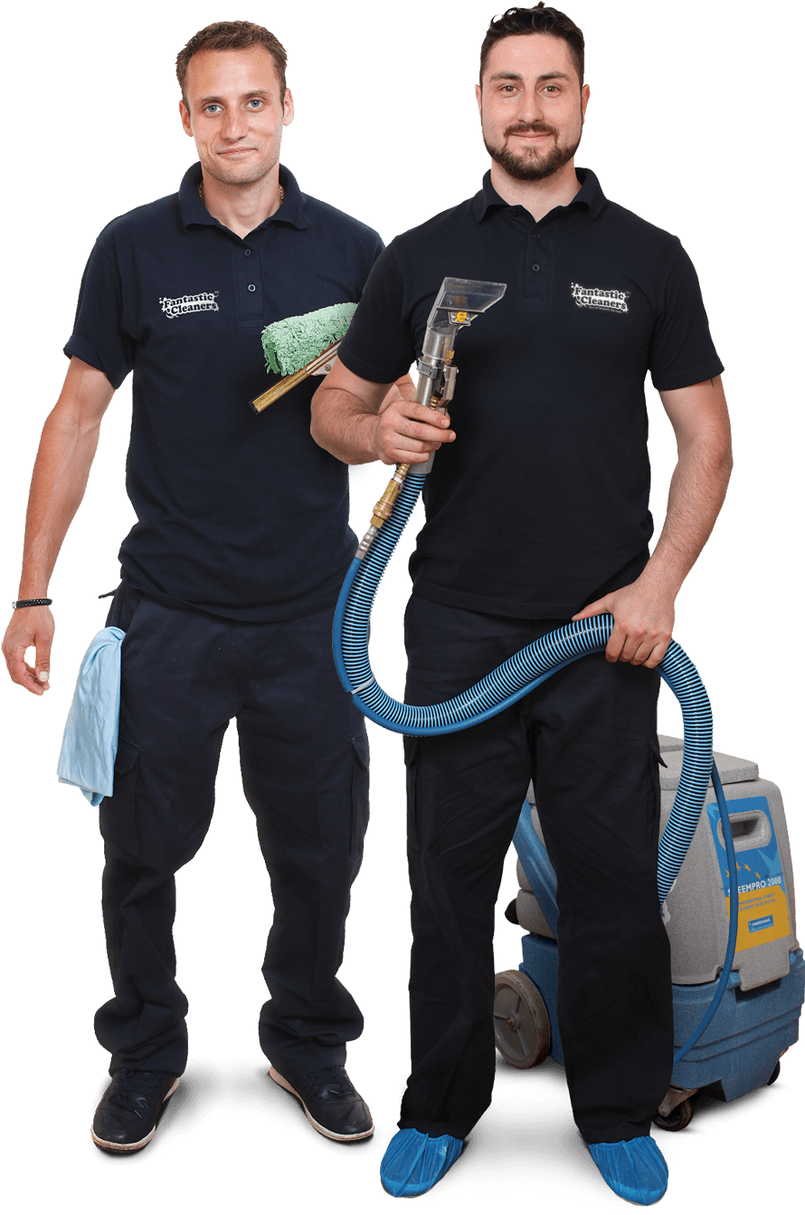 two man  holding cleaning equipment