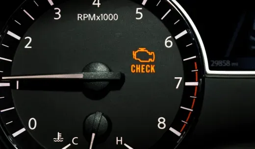 Dashboard with a lit check engine light.