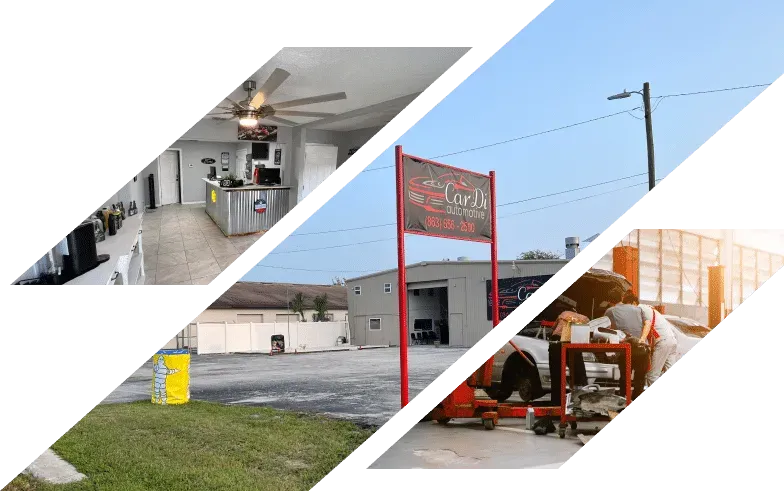 Collage of an auto repair shop: office, sign, exterior, and mechanic working on a car.