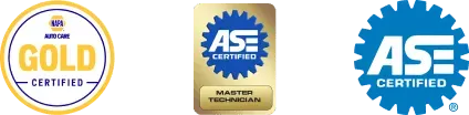 Three ASE certification logos. Gold circle and two blue gear-shaped icons.