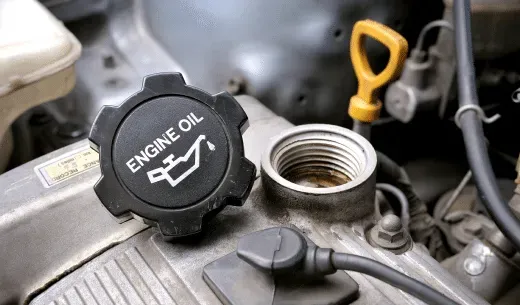 Black engine oil cap and open filler neck on a car engine.