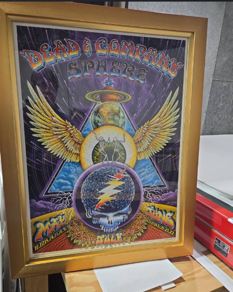 Framed Dead & Company poster: psychedelic art with gold frame. Features a Steal Your Face skull, eye, wings, and UFO.