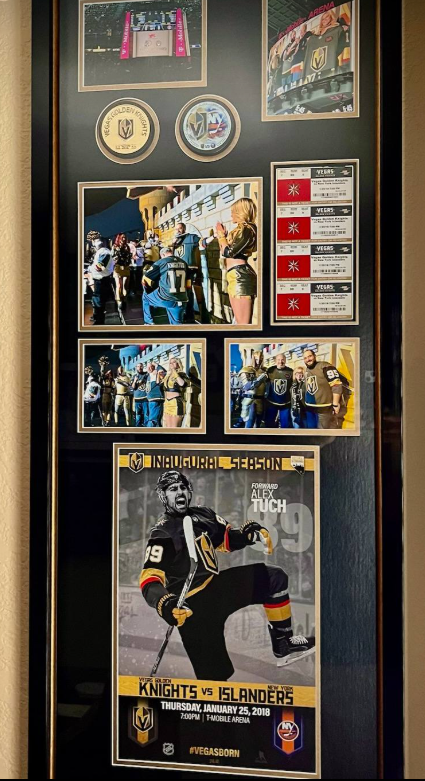 Framed Las Vegas Golden Knights memorabilia: photos, tickets, coins, and a poster with a player.