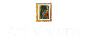 Logo of "Art Visions" with a small painting inside a gold frame.