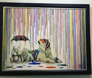 Tiger and two polar bear cubs under rainbow umbrella, colorful paint dripping.