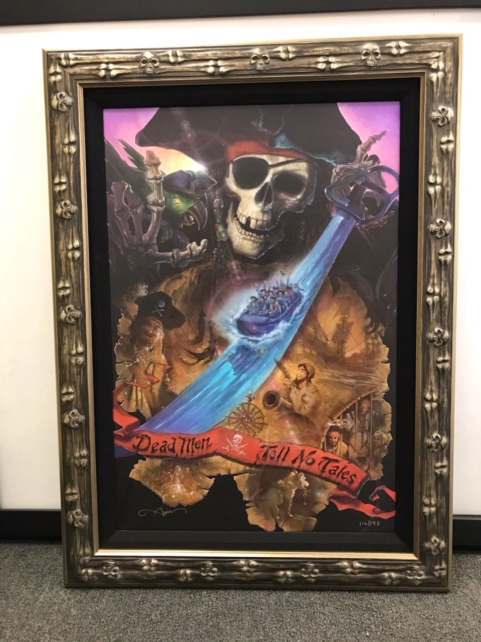 Pirates of the Caribbean artwork in a framed setting, featuring a skull with glowing effects, and text,