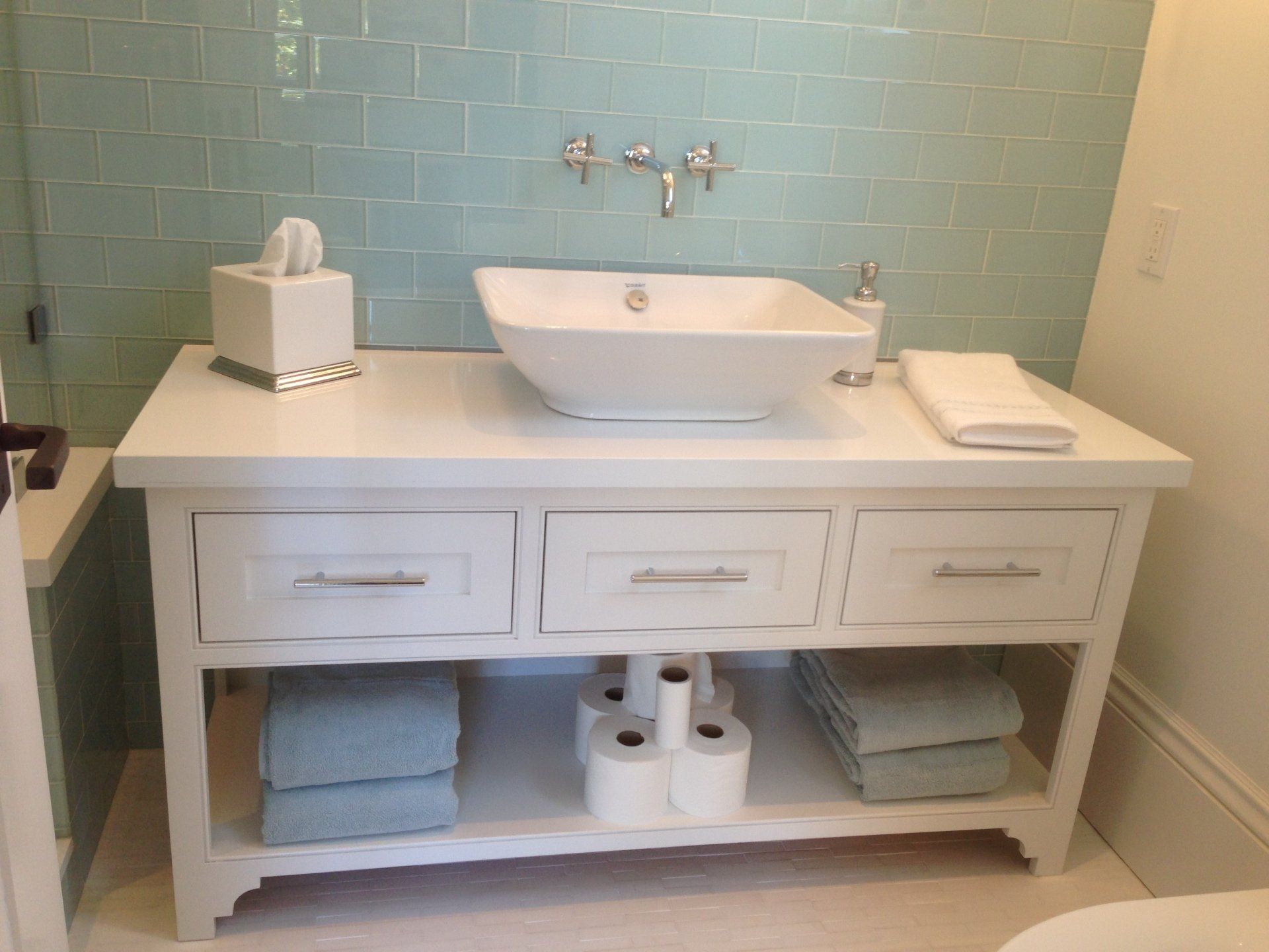 Nice Clean White Marble Bathroom With Mirror With Thick Wooden Frame — Cloverdale, CA — Classic Mill