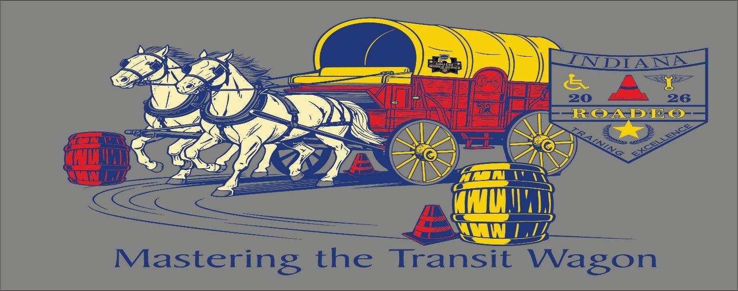 two horses pulling a wagon with barrels and cones in making a path. Indiana Roadeo Emblem on right upper side and 