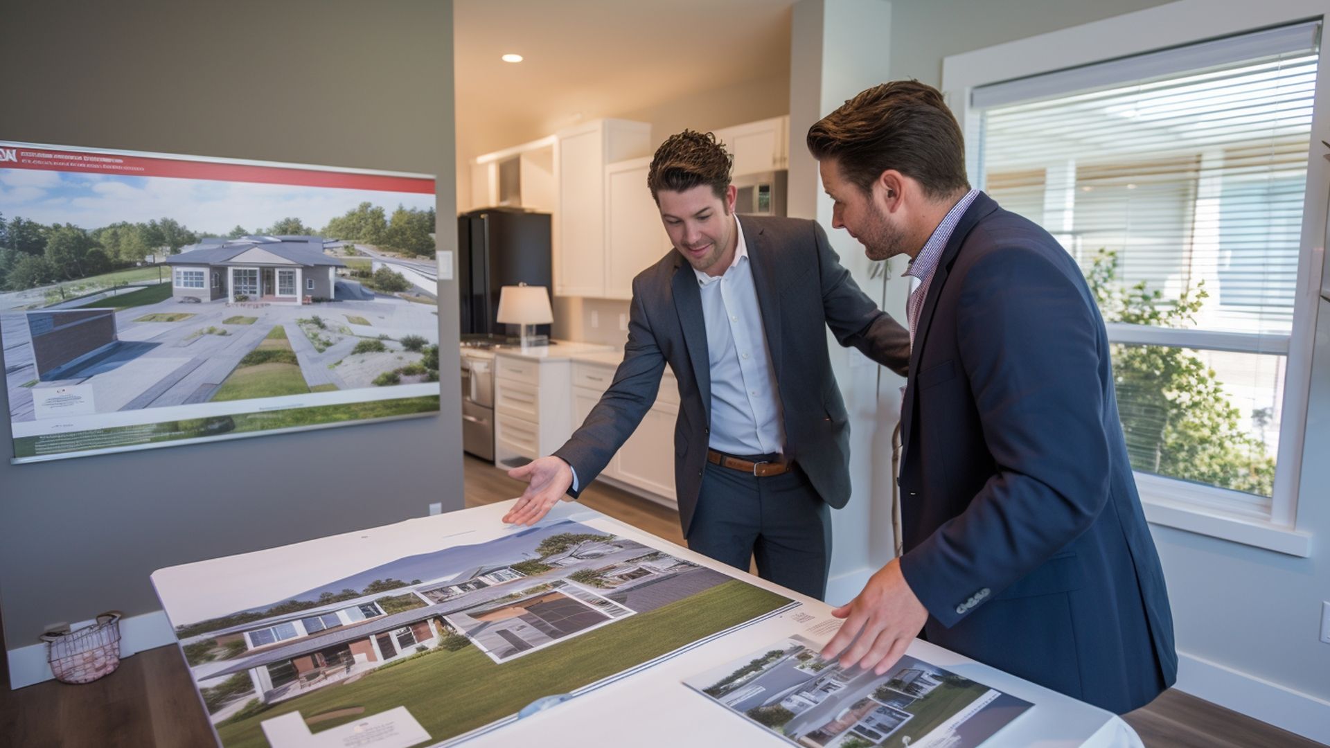 Two men in suits reviewing architectural plans.