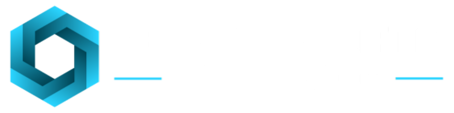 Blue geometric logo with white text.