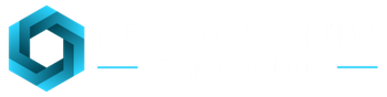 Blue geometric logo with white text.