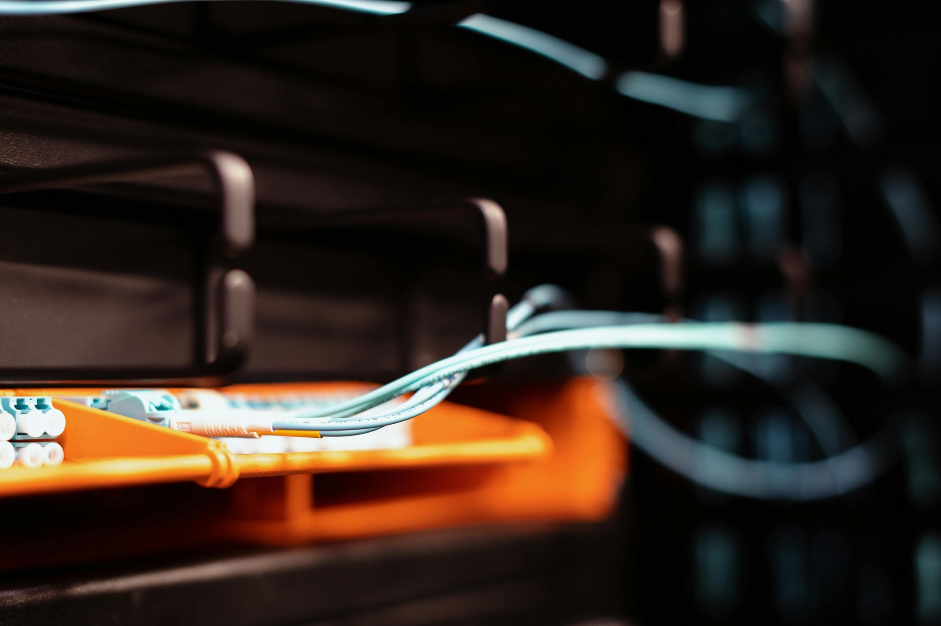 Close-up of network cables in a server rack, with orange and blue cabling, and a dark background.