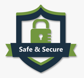 Green and blue shield with a padlock and text "Safe & Secure".