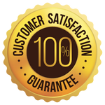 Gold badge: "Customer Satisfaction Guarantee," with "100%" in center.