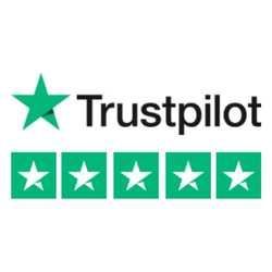Trustpilot logo with a green star and four green boxes with white stars, denoting a five-star rating.