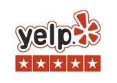 Yelp logo with the word "yelp" in black and a red starburst icon, below it are 5 red stars.