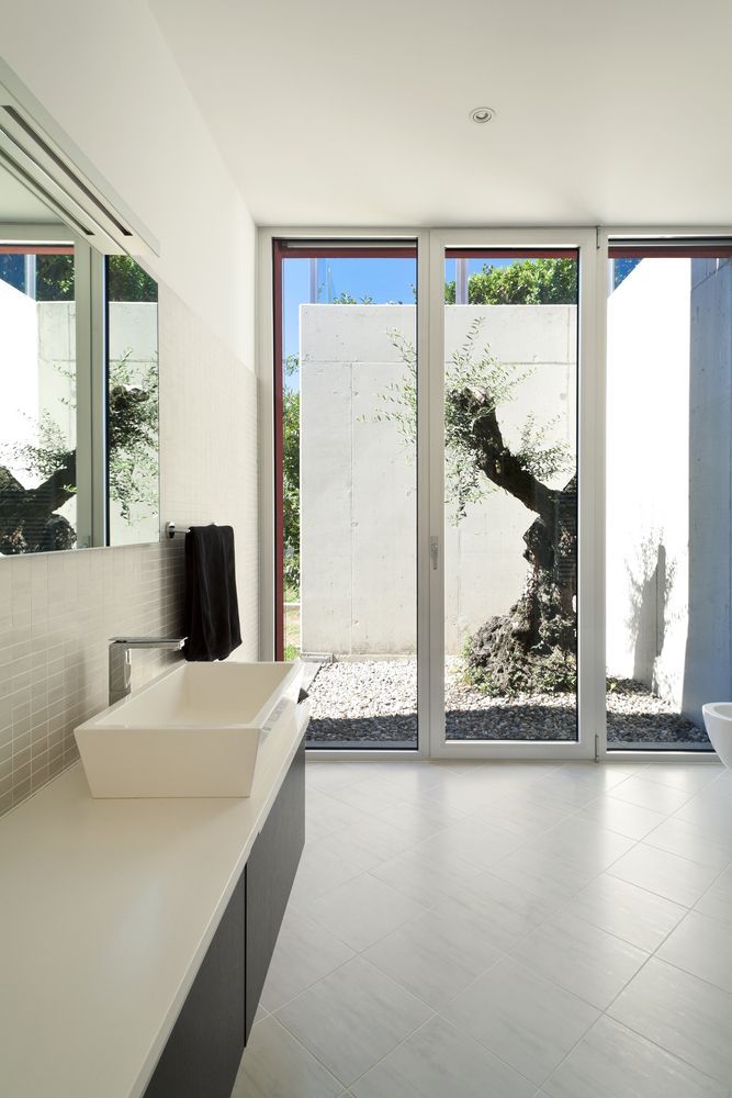 A Modern Bathroom with A View of A Garden — Downs Window Renewals in Harristown, QLD