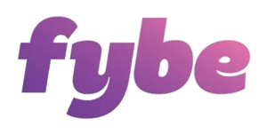 A purple and pink logo for fybe on a white background