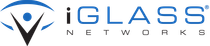 A blue and black logo for iglass networks
