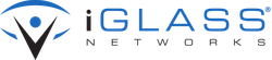 A blue and black logo for iglass networks